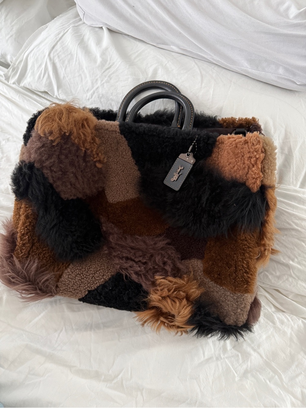 Coach Rogue 39 Shearling Patchwork in Brown and Black